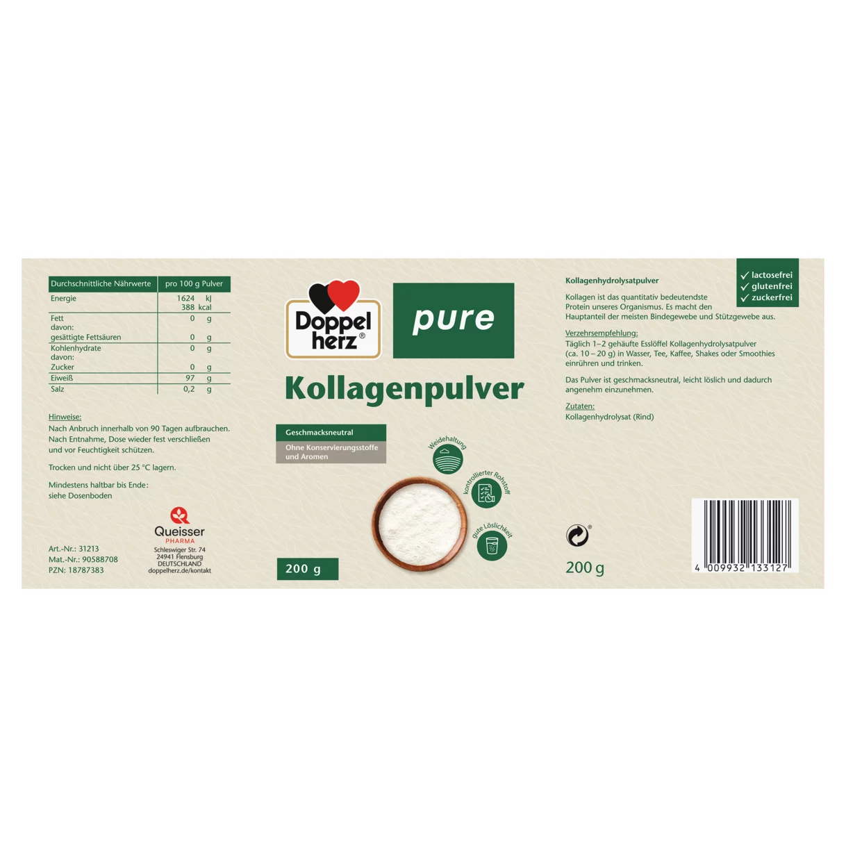 Abbildung der Produktverpackung Doppelherz pure Kollagenpulver Seitenansicht links
